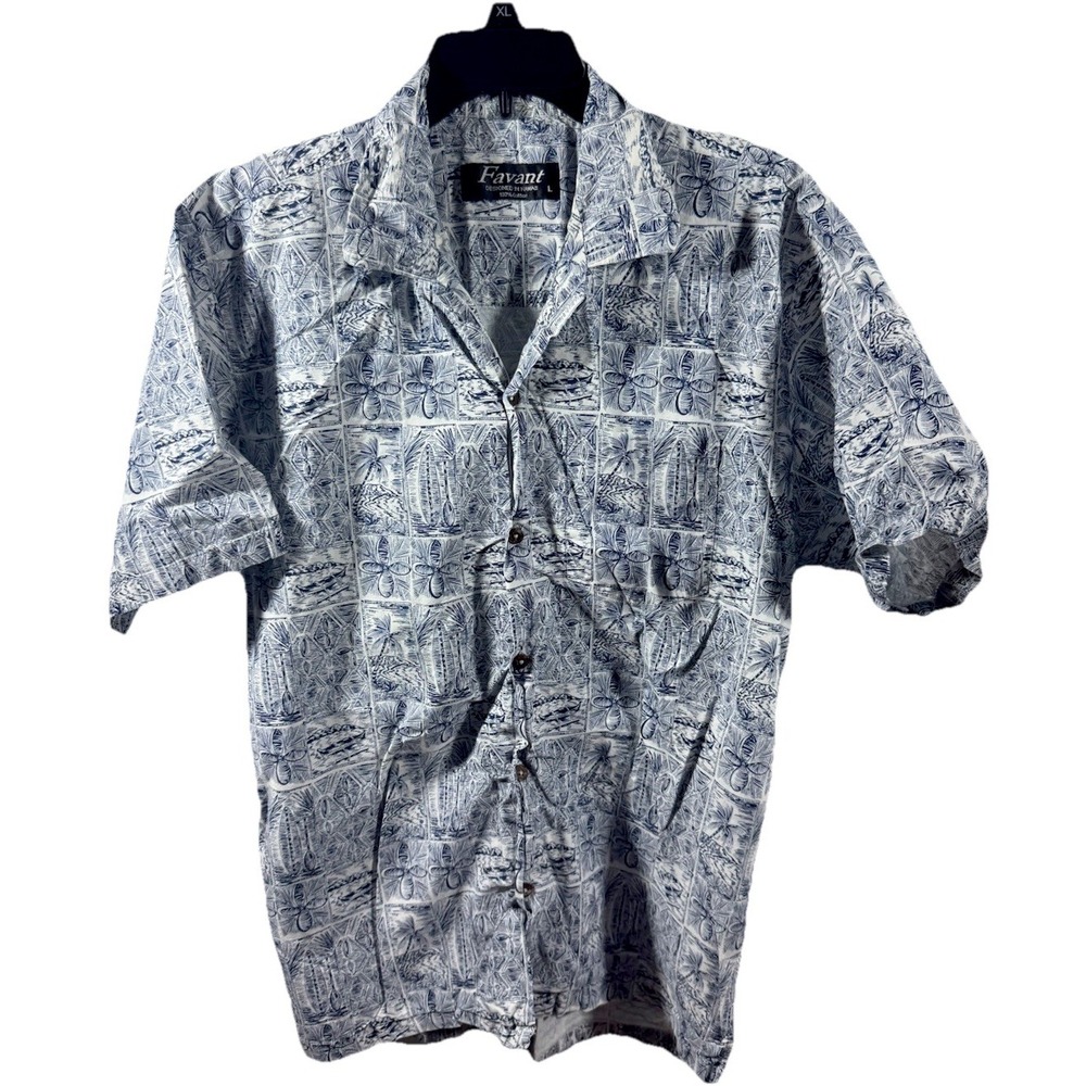 Favant Large‎ Blue And White Hawaiian Print Button Up Shirt